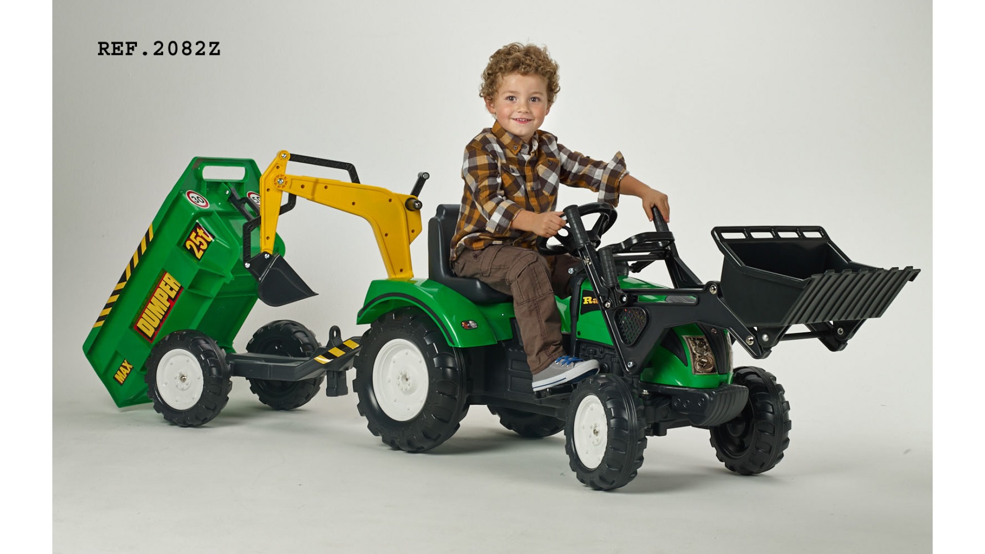 Трактор-экскаватор педальный с прицепом, зеленый 219 см  